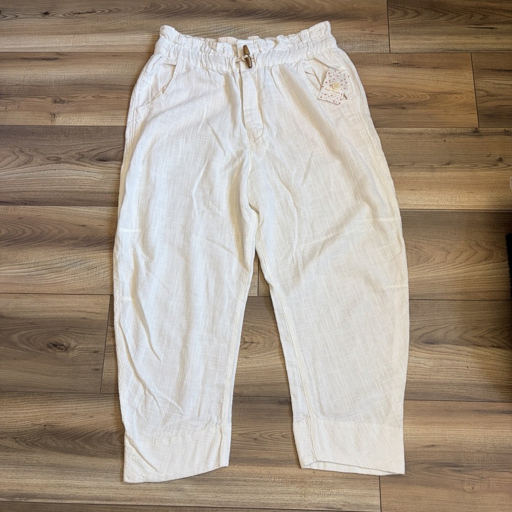 Women's NWT FREE PEOPLE Pants Eggshell Cotton Linen Blend Cropped Baggy M